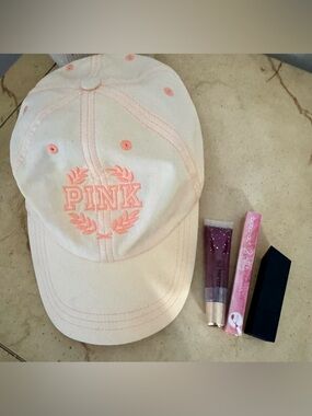 Victorias Secret Pink Embroidered Cap w/Lippies Bundle New